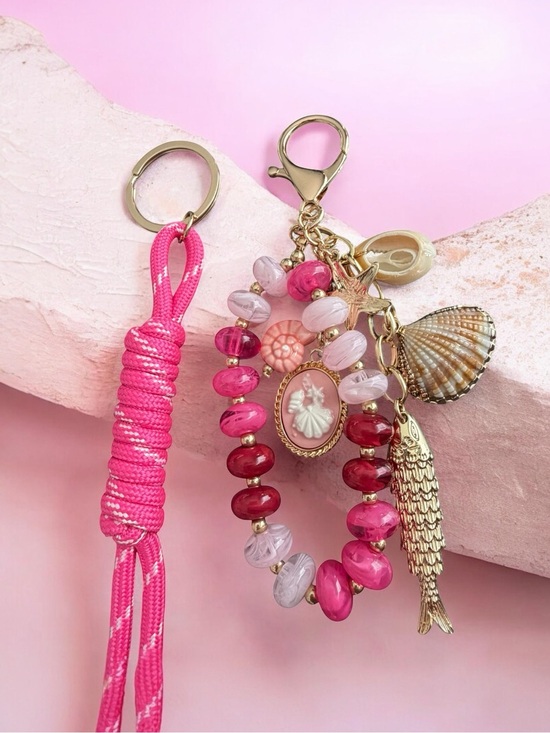 Accessories - Pink Beaded Shell Charm Keychain with Gold Fish Accent